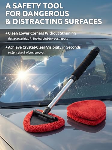 TAKAVU Window & Windshield Cleaner, Extendable, 3 Microfiber Pads (Red) - color: Red