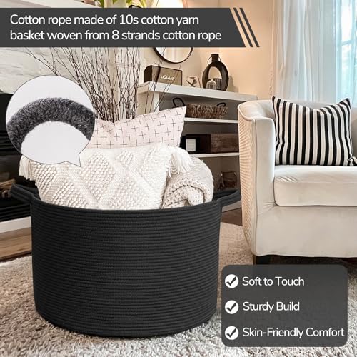 INDRESSME XXXLarge Woven Rope Blanket Basket Living Room Black, 90L - color: Black, size: 21.7"D x 13.8"H
