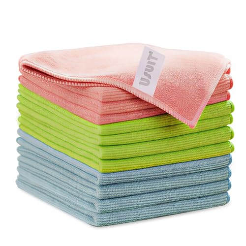 Microfiber Cleaning Cloths, Ultra-Soft and Highly Absorbent, Streak-Free, Lint-Free, Scratch-Free, Washable, for Car Detailing and Glass Cleaning,12" x 12", Green/Blue/Pink, 12-Pack