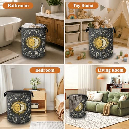 Sun Moon Zodiac Laundry Basket, Foldable Laundry Hamper with Handles, Large Capacity Waterproof Clothes Storage Basket for Bedroom Bathroom College Dorm - color: Sun Moon Zodiac