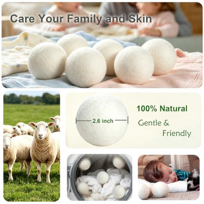 Wool Dryer Balls 6 Pack, 100% New Zealand Wool to Core - color: 2.6"-white-6pcs