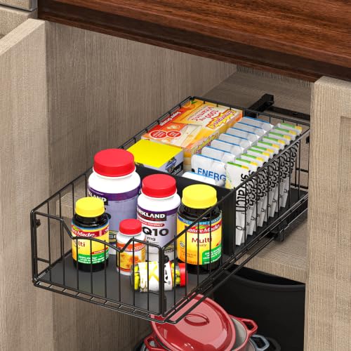 Simple Houseware Pull-Out Cabinet Sliding Basket, 17.2Dx9.7Wx5H, Black - color: Black