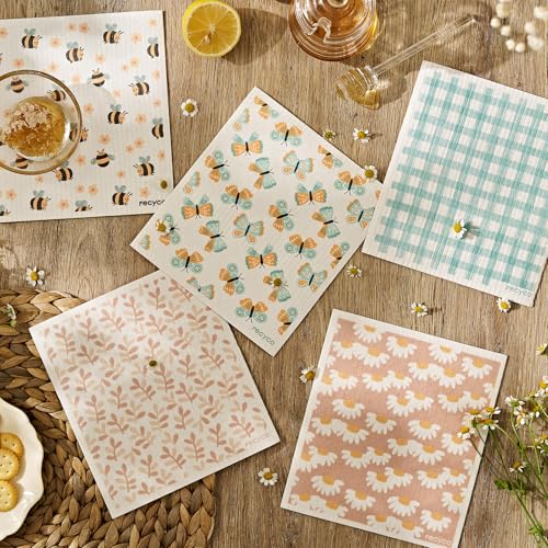 RECYCO Swedish Dishcloths for Kitchen | 5 Pack Gingham Flutter Washable Dish Rags | Cellulose Reusable Cleaning Paper Towels | Absorbent Counter Dish Cloth Sponge Kitchen Wipes, 8" L x 7" W - color: Gingham Flutter - 5 Pack