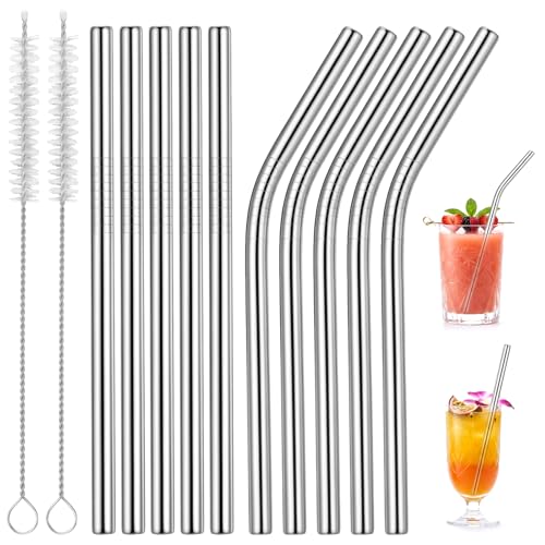 10 Pcs Short Metal Straws, 5 Straight 5 Bent with 2 Cleaning Brush, 6 Inch Reusable Stainless Steel Straws for Cocktail Coffee Mugs Small Glasses Cups