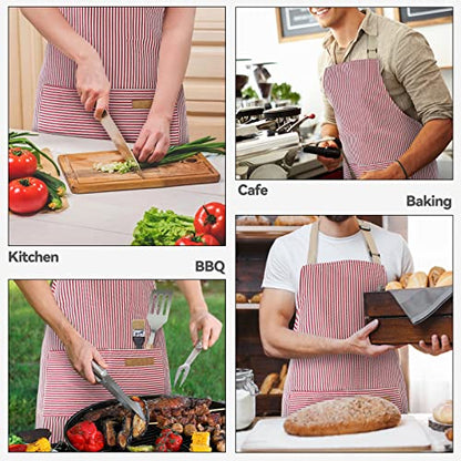 NLUS 2 Pack Cooking Aprons for Women with Pockets, Adjustable Kitchen Bib Aprons Chef Aprons for Women Men(Red Pinstripes) - color: Red