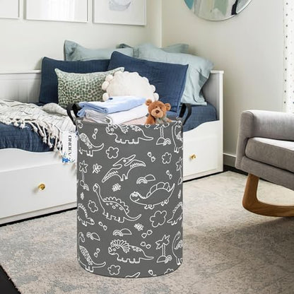 Round Dinosaur Laundry Hamper, Cotton Canvas Teen Room Storage Bin - color: Round Gray Line Dinosaur