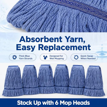 6 Pack Heavy Mop Replace Head，mop Head Replacement,Commercial mop Heads,Reusable Mop Head Refills-Replacement Mop Heads SuitableWet Industrial Blue Cotton Looped End String Head Refill (Blue) - size: 17 Ounce 6Pack
