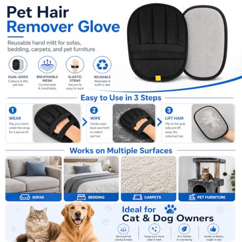 5-Finger Pet Hair Remover Glove for Furniture & Bedding - Reusable Dog Cat Fur Remover Mitt | Black - Fabric Hair Scraper for Carpet, Clothes, Car Seats (Black)