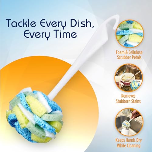 Compac Home Dish SpongeWand Plus Tri Surface Scrubbing Sponge with Cello Foam Scour Sponge Petals, Cleans Dishes, Glassware 360 Scrubber Pads for Tough to Clean Pots Pans, Multi-Color, (Pack of 6) - size: 6 Count (Pack of 1)