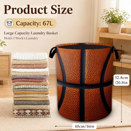 Basketball Texture Laundry Basket with Handles, Foldable Tall Oxford Clothes Hamper, Lightweight Water-Resistant Storage Bin for Bedroom Bathroom College Dorm, 16 x 20.8 Inch - color: Basketball Texture