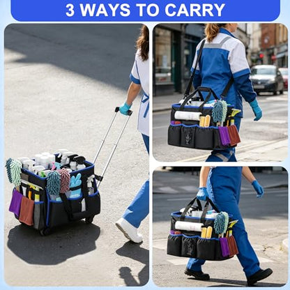Large Rolling Cleaning Caddy Bag with Detachable Trolley and Shoulder Strap