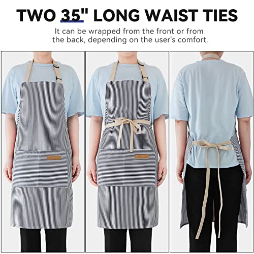 NLUS 2 Pack Cooking Aprons for Women with Pockets, Adjustable Kitchen Bib Aprons Chef Aprons for Women Men(Blue Pinstripes) - color: Navy Blue