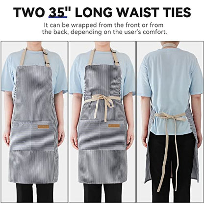 NLUS 2 Pack Cooking Aprons for Women with Pockets, Adjustable Kitchen Bib Aprons Chef Aprons for Women Men(Blue Pinstripes) - color: Navy Blue