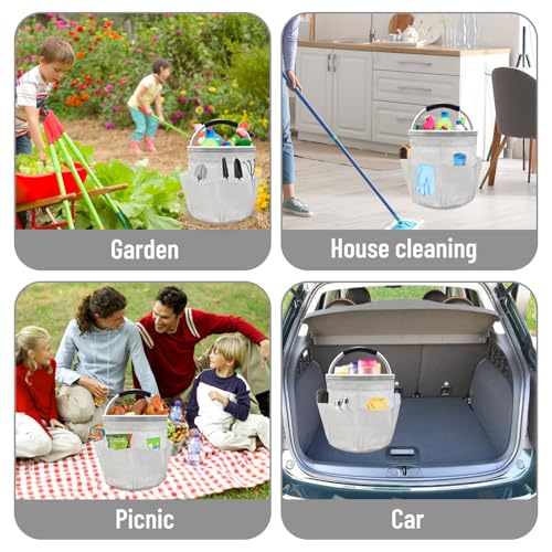 17L Cleaning Caddy with Handle, Foldable Cleaning Supply Caddy with 6 Pockets Cleaning Caddy Bag for Outdoor Camping Garden Harvest Basket Bathroom Storage (Clear) - color: Clear
