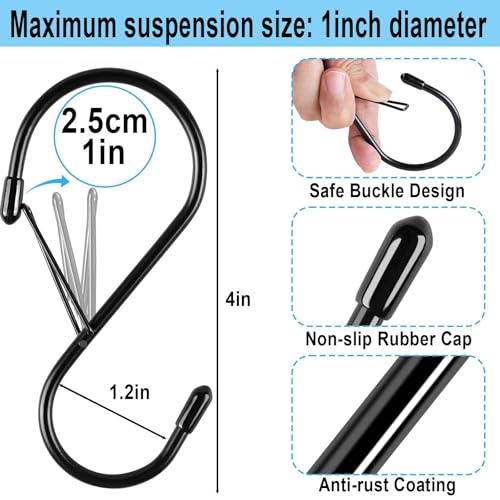 Dreecy 4 Inch S Hooks for Hanging with Safety Buckle, 20 Pcs Heavy Duty Metal S Hooks with Stopper Non Slip, Closet Hooks for Hanging Plants, Clothes, Kitchen Utensil, Pots, Pans, Bags (Black) - size: 20 Pieces