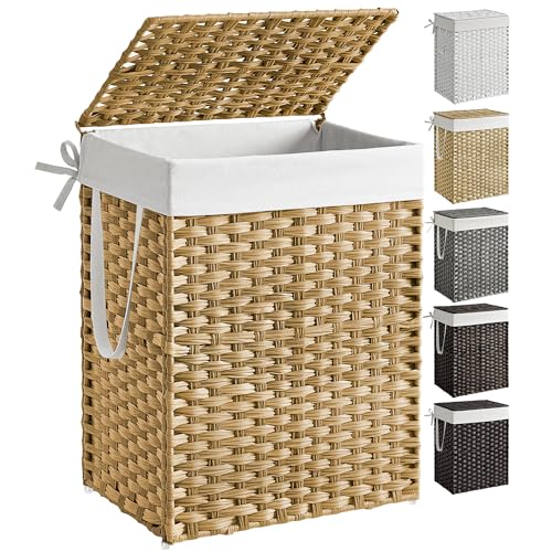 SONGMICS Laundry Hamper with Lid, 23.8 Gal (90 L) Synthetic Rattan,Foldable - color: Goose Yellow, size: 90 L