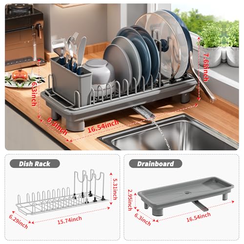 Small Dish Drying Rack, Stainless Steel with Drain Board & Utensil Holder - color: Gray
