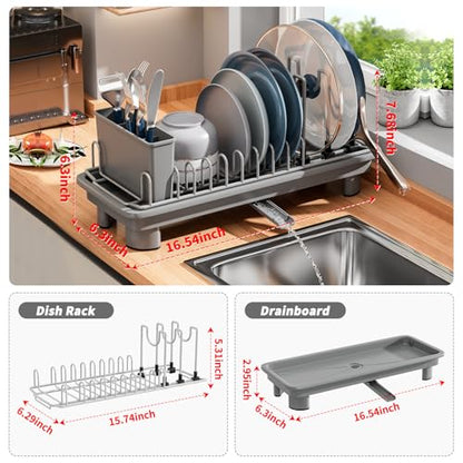 Small Dish Drying Rack, Stainless Steel with Drain Board & Utensil Holder - color: Gray