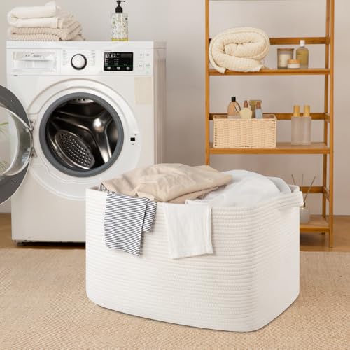 65L Large Woven Blanket Basket for Living Room, 19.7"x15.7"x11.8" - color: White, size: 24"x16.9"x14.2"