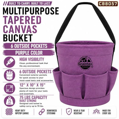 Graintex Tapered Canvas Bucket 12"x10"x15", Utility Tool Bucket 6 Pockets Outside, Reinforced Base & Carry Handle, Ripstop Canvas, Multi-Purpose Bag for Jobsite & Home Use - Purple - color: Purple