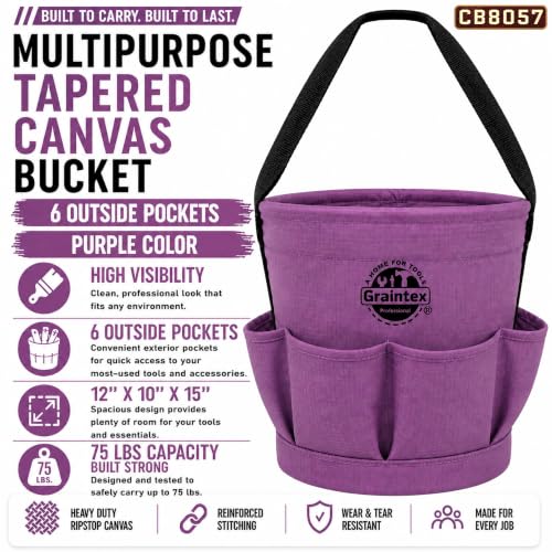 Graintex Tapered Canvas Bucket 12"x10"x15", Utility Tool Bucket 6 Pockets Outside, Reinforced Base & Carry Handle, Ripstop Canvas, Multi-Purpose Bag for Jobsite & Home Use - Purple - color: Purple