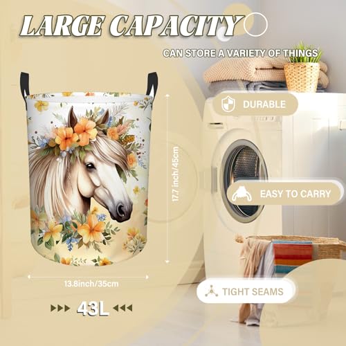 Horse Laundry Basket, 43L Round Oxford Laundry Hamper - color: horse