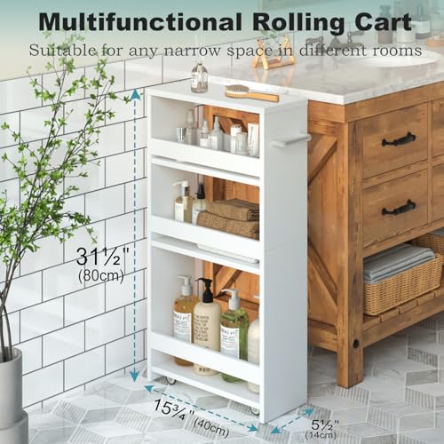 MARTY Slim Rolling Storage Cart, Wood Utility Kitchen Bathroom Laundry Cart - color: All White, size: 5.51"D x 15.75"W x 31.5"H