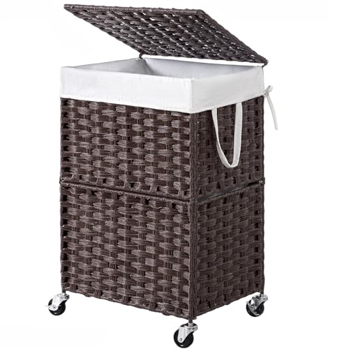 Chrislley Wicker Laundry Basket with Wheels,Rolling Laundry Hamper with Lid - color: Brown