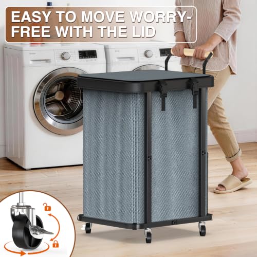 Laundry Hamper with Lid,Leather Patchwork Laundry Basket with Wheels Grey - color: Gray, size: 1 Section