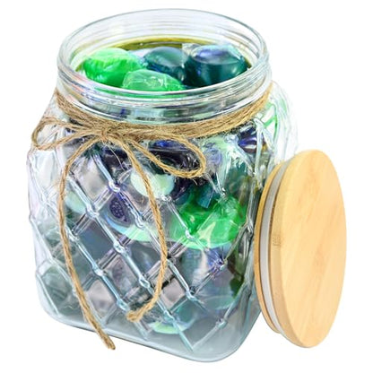 Glass Laundry Pods Container, Laundry Containers with Ropes & Wooden Lid - color: Glass Jar With Ropes& Wooden Lid