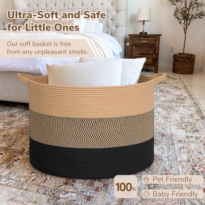 INDRESSME 115L Extra Large Woven Rope Blanket Basket Living Room - color: Camel Mix & Black, size: 23.6"D x 15.7"H
