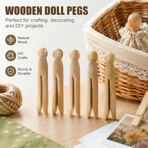Round Wooden Clothespins, 12pcs Durable Wood Clips Dolly Style Traditional Heritage Clothes Peg Old Fashioned for Outdoor Clothesline Home Kitchen Travel DIY Projects