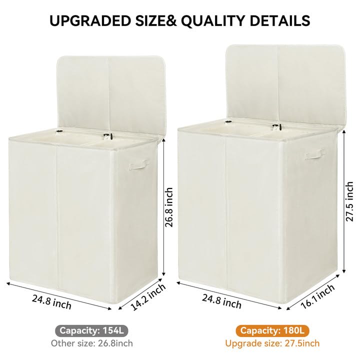 WOWLIVE 180L Double Laundry Hamper 2 Section with Lid and Removable Bags - color: Beige, size: 180L (24.8 x 16.2x 27.6 Inches)