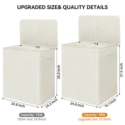 WOWLIVE 180L Double Laundry Hamper 2 Section with Lid and Removable Bags - color: Beige, size: 180L (24.8 x 16.2x 27.6 Inches)