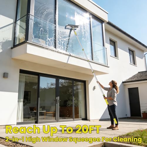 Window Squeegee with Extension Pole, 20FT Reach Squeegee for Window Cleaning, 2-in-1 Windows Washer, 180°Rotated Windows Cleaner Squeegees, Washable Window Squeegees for Home, Mirror, Car - size: 12FT