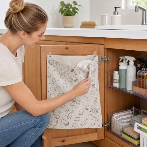 Cute Under Sink Door Organizer Reusable Linen Towel Bag Dish Rag Holder Wet Towel Hamper Cleaning Rag Storage for Kitchen Bathroom Cabinet Countertop Laundry