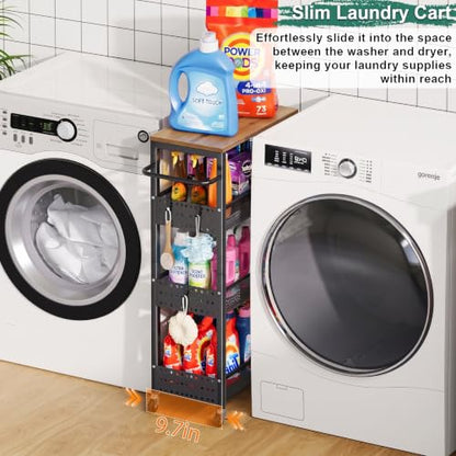 Laundry Room Slim Rolling Cart with Wheels for Between Washer and Dryer Gap - color: Classic Black, size: 9.1″ Wide