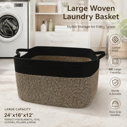 96L Laundry Basket with Handles, Extra Blanket Basket, Black/Jute - color: Black & Jute, size: 96L