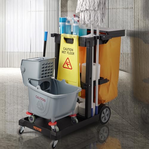 VEVOR Cleaning Cart, 3-Shelf Commercial Janitorial Cart, 200 lbs Capacity Plastic Housekeeping Cart, with 25 Gallon PVC Bag and Cover, 47 x 20 x 38.6in, Yellow&Black - color: Black+lid