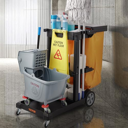 VEVOR Cleaning Cart, 3-Shelf Commercial Janitorial Cart, 200 lbs Capacity Plastic Housekeeping Cart, with 25 Gallon PVC Bag and Cover, 47 x 20 x 38.6in, Yellow&Black - color: Black+lid