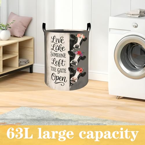 Cute Cow Laundry Basket with Handles, Fun Quote Calf Flower Foldable Clothes Hamper, Vintage Country Waterproof Oxford Cloth Storage Bin Gifts Decor for Bedroom Bathroom Closet, 19.7"X15.7" - color: Cow