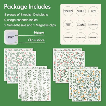 Eulnars Swedish Dishcloths for Kitchen, 8 Pack Green Reusable Paper Towels with Clips, Non-Scratch Swedish Kitchen Towels, Super Absorbent Cellulose Sponge Cloths, Dishwasher Safe, No Odor - color: Green Leaves