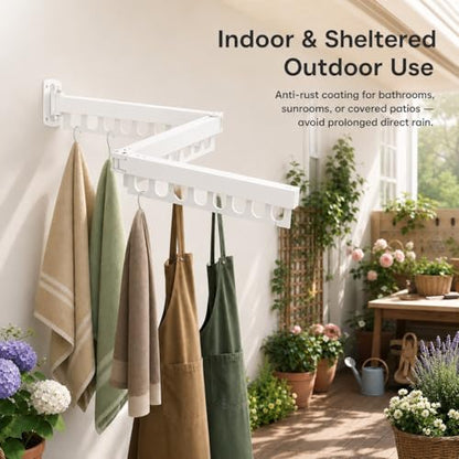 Clothes Drying Rack Carbon Steel Laundry Drying Rack Collapsible White Wall Mounted Clothes Rack 45 Inch Clothes Hanger Rack with Hooks for Drying Clothes - color: White