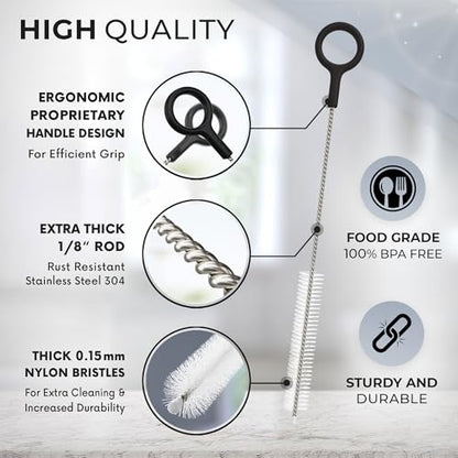 Buenalife Heavy Duty Cleaning Brushes Set of 4 - Extra Long Straw Cleaners for Metal and Plastic Reusable Drinking Straws, to Clean Small Spaces, Sippy Cups, Water Bottles - Sturdy Hard Brush Bristles - color: Black