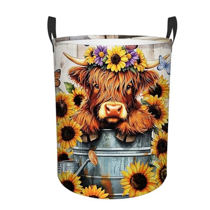 Highland Cow Laundry Basket-13.8x17.7in Sunflower Oxford Laundry Hamper - color: Sunflower Highland Cattle