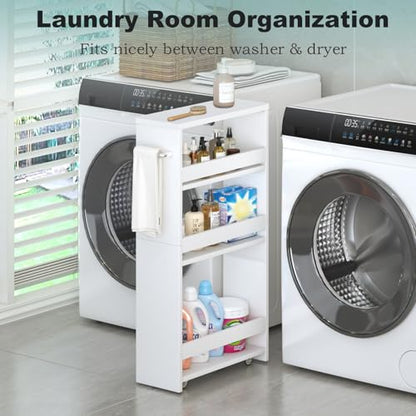 MARTY Slim Rolling Storage Cart, Wood Utility Kitchen Bathroom Laundry Cart - color: All White, size: 5.51"D x 15.75"W x 31.5"H