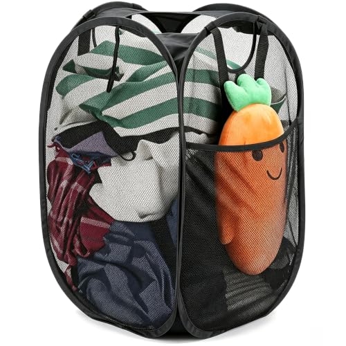 HOUSE AGAIN Strong Mesh Pop Up Laundry Hamper, 70L Collapsible Laundry Basket with Steel Frame, Double‑Stitched Handles & Side Pocket, Foldable Dirty Clothes Hamper for Dorm, Bedroom, Black - color: Black, size: 1-Pack