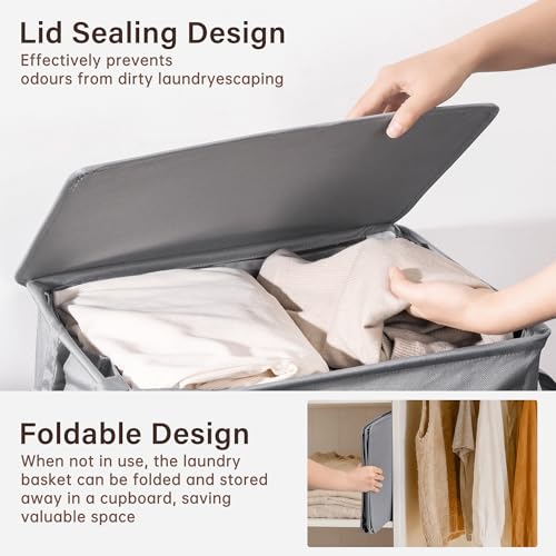 Criusia Laundry Hamper with Lid and Foot Pedal, 100L Fabric Laundry Basket with Removable Mesh Bag, Slim Foldable Design for Bathroom and Laundry Room (Gery)