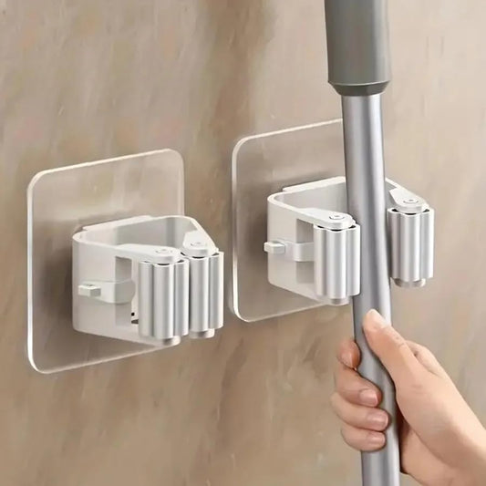 2Pcs Broom Holder Mop Hanger Wall Mount Hook Plastic Easy Install No-Drill Strong Adhesive Organizer (Beige-2pc)