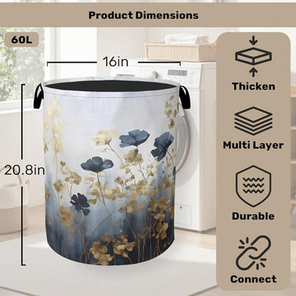 Blue Flowers Laundry Basket - Extra Large Foldable Laundry Hamper with Handles, Washable Storage Bin for Bathroom/Laundry/Bedroom/Dorm - color: Blue Luxury Flowers